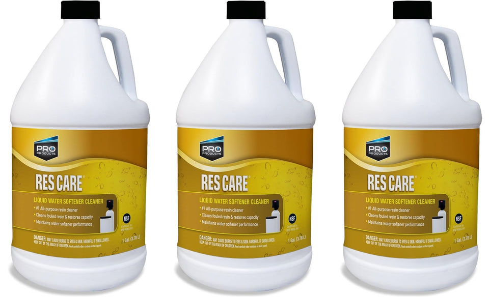 Pro Products ResCare RK02B bottle shown for resin cleaner used with water softeners