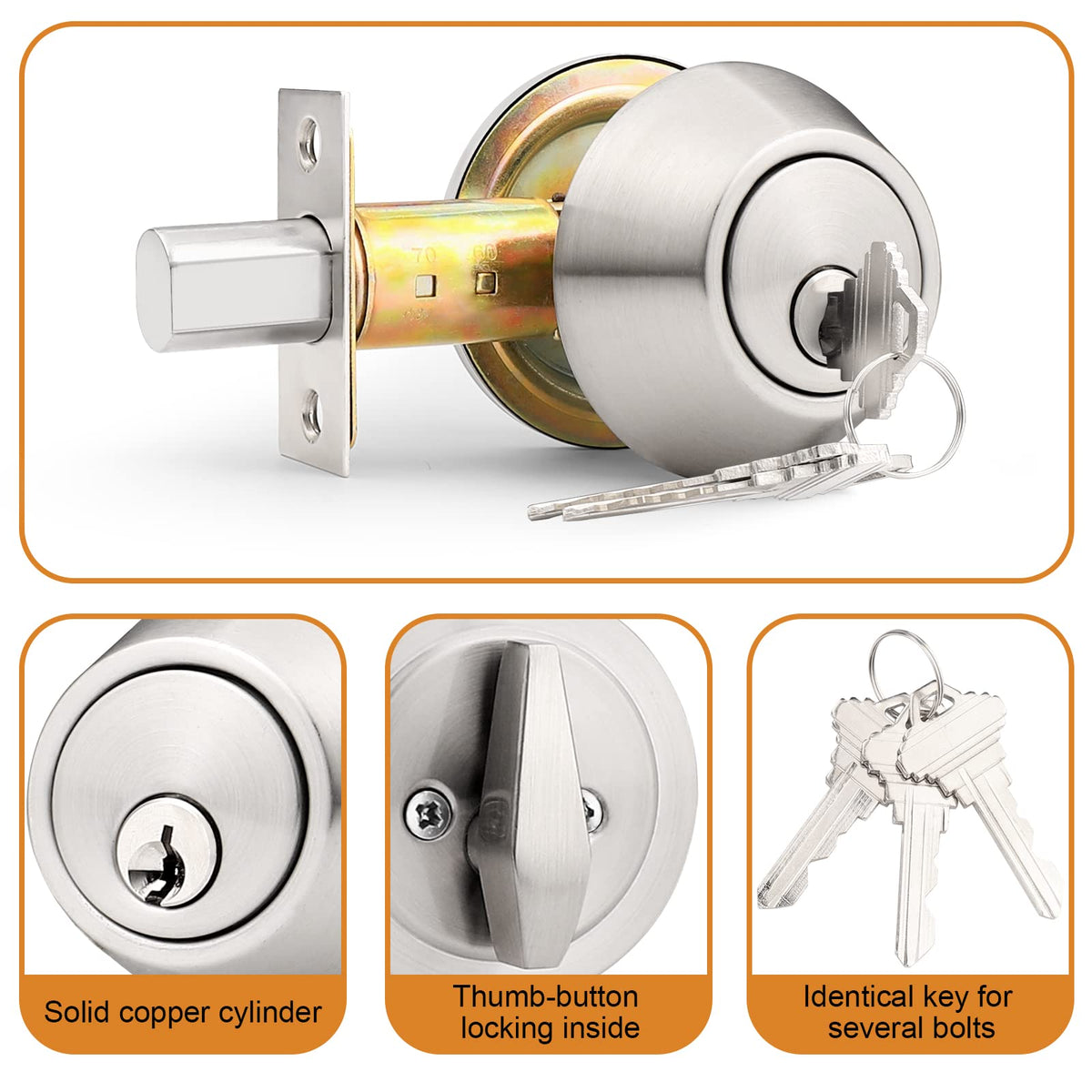 Probrico keyed-alike deadbolt side view with adjustable latch for various door thickness.