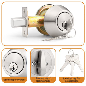 Probrico keyed-alike deadbolt side view with adjustable latch for various door thickness.