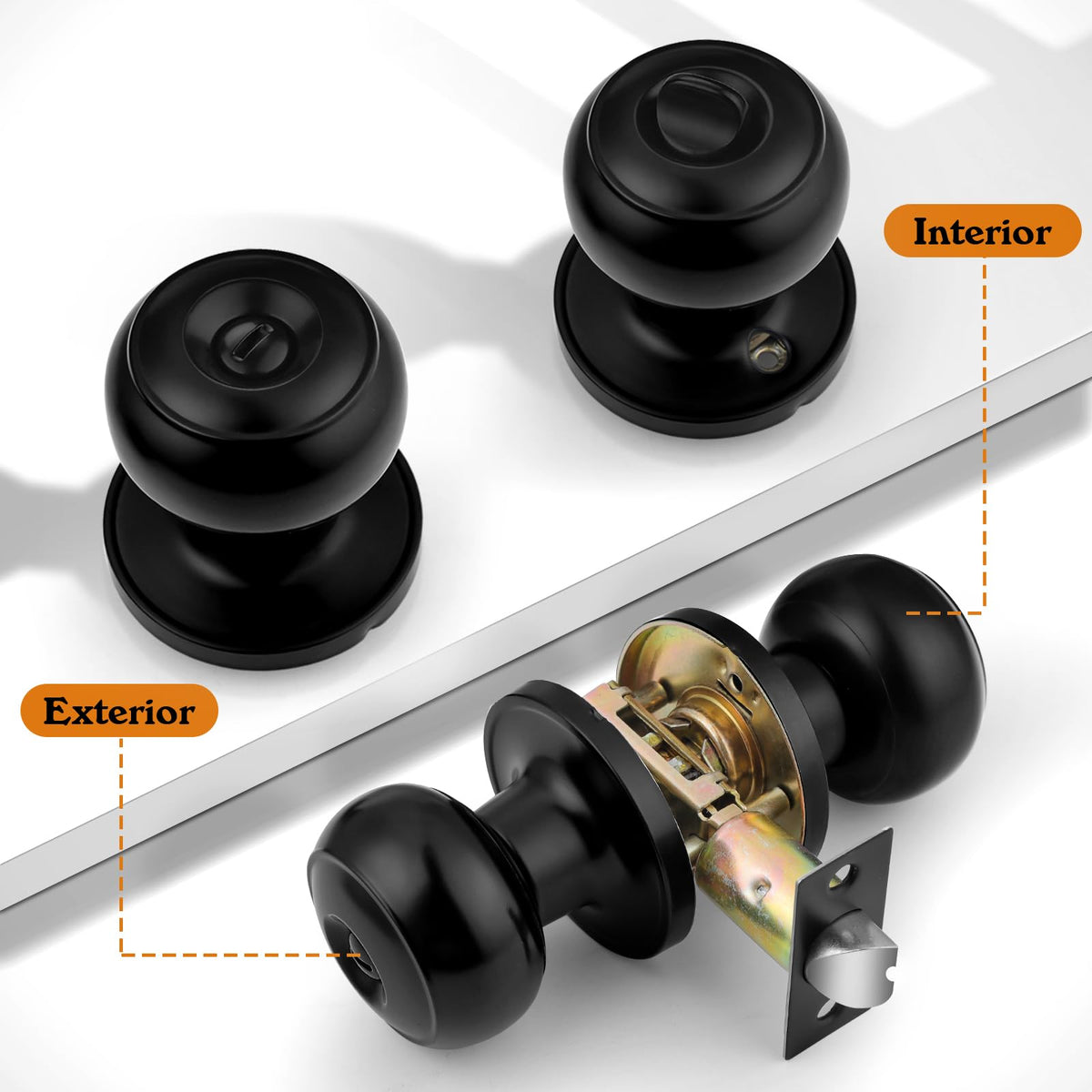 Probrico black door knob latch-assembly illustrates standard latch compatibility for interior doors.