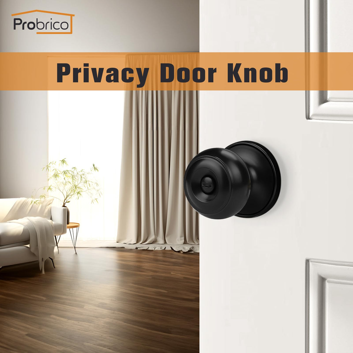 Probrico matte black privacy door knob – back view showing durable hardware for daily doors