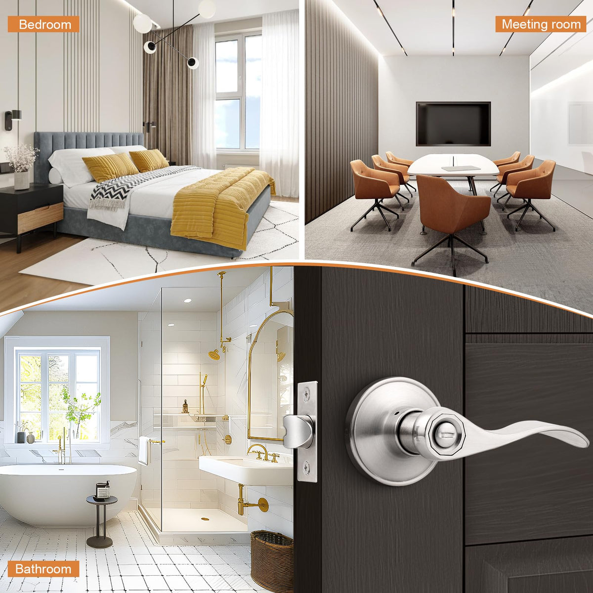 Dimensions and backset options of Probrico privacy lever in satin nickel.
