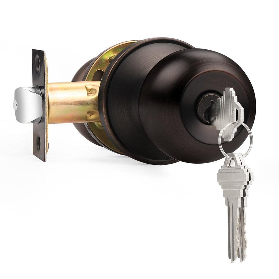 Probrico door knob with lock in oil rubbed bronze finish for secure entry.