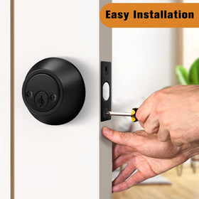 Flat black Probrico deadbolt shown with all included installation hardware.