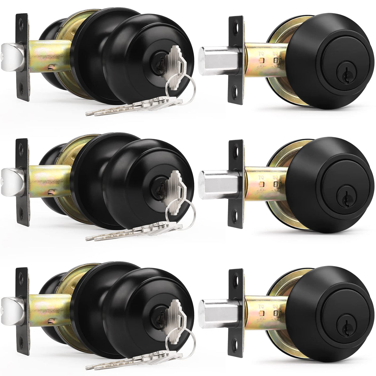 Probrico flat black 3-pack lock set, front view with modern finish.