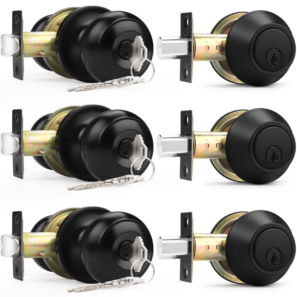 Probrico flat black 3-pack lock set, front view with modern finish.