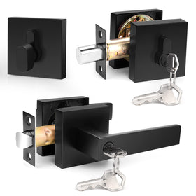 Probrico flat black entry lever on a modern front door for easy access.