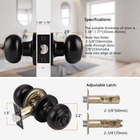 Probrico matte black privacy door knob with adjustable backset for standard doors.