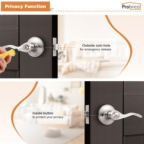 Inside view shows thumb-turn privacy lock on Probrico lever.