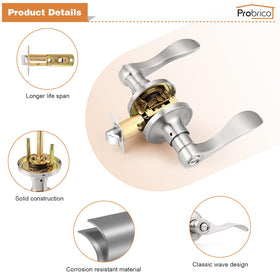 Reversible Probrico lever shown for left or right-handed doors in satin nickel.