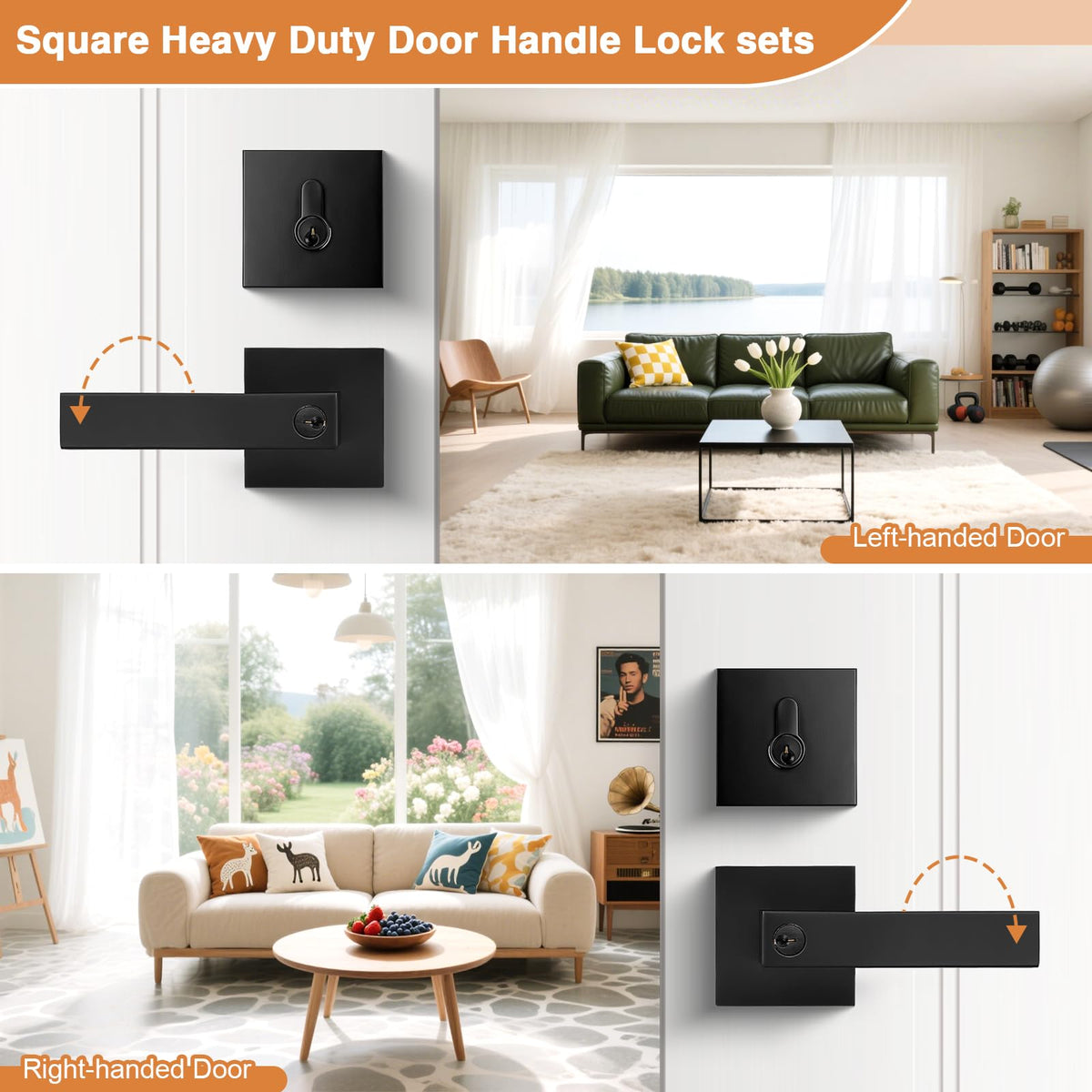 Probrico reversible lever shown on left and right doors for universal compatibility.