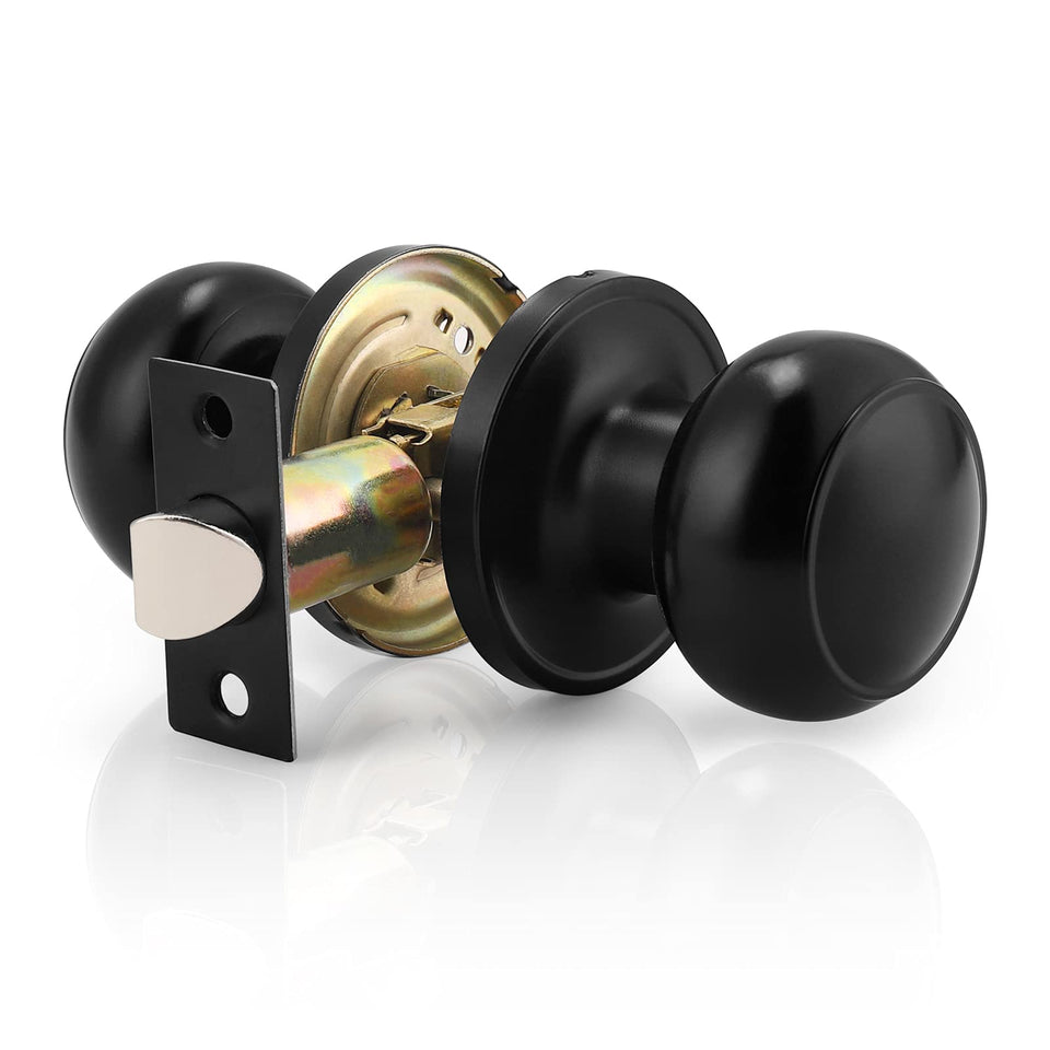 Probrico round passage knob with black finish, front view for hallway use.