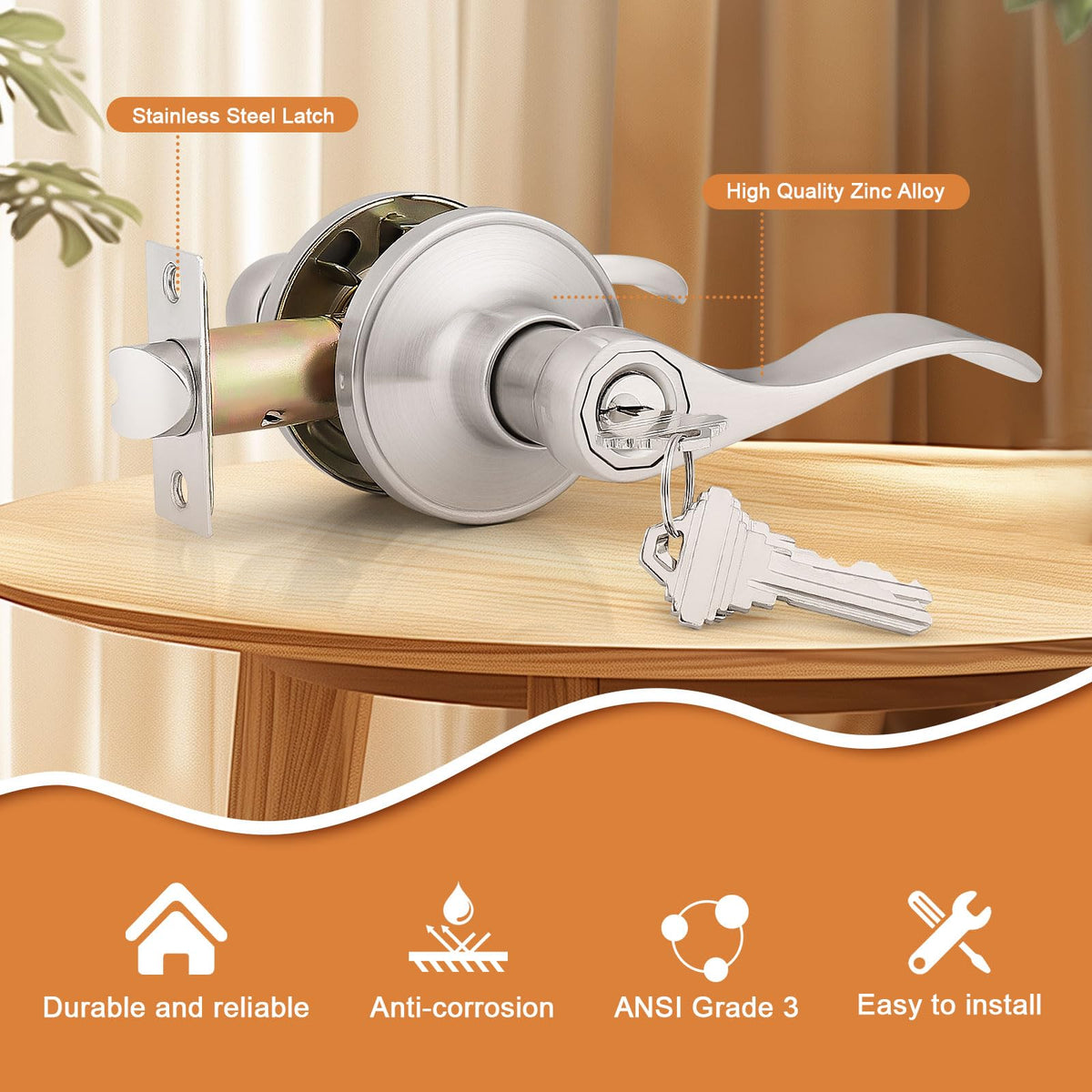 Probrico satin nickel wave lever on door demonstrates keyed entry for secure access