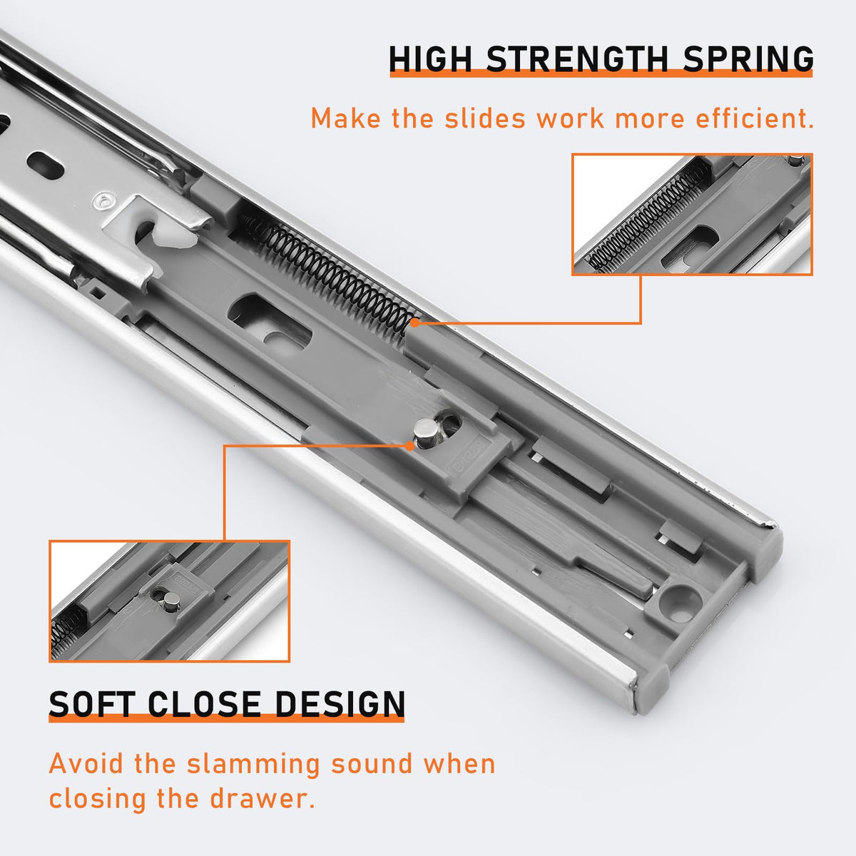 Probrico soft-close drawer slide with hydraulic damper reduces slams and injury risk.
