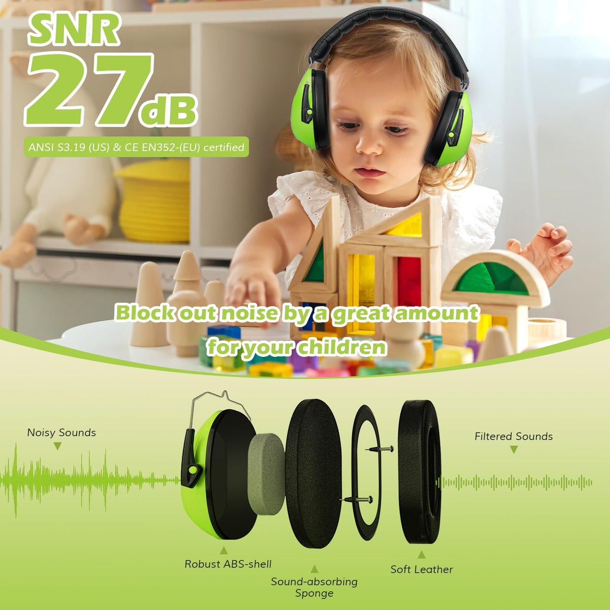 Adjustable headband extends up to 32 mm to fit growing children.