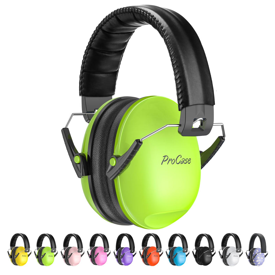 ProCase kid-sized noise-cancelling headphones in green closeup for sensory protection.