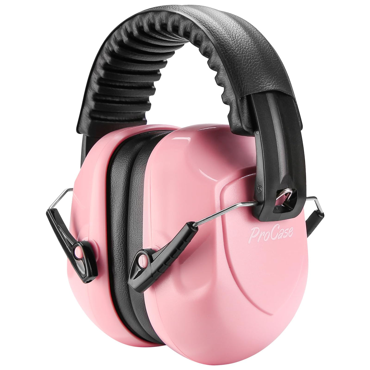 ProCase pink noise reduction ear muffs front view showing sturdy build and pink color for versatile use