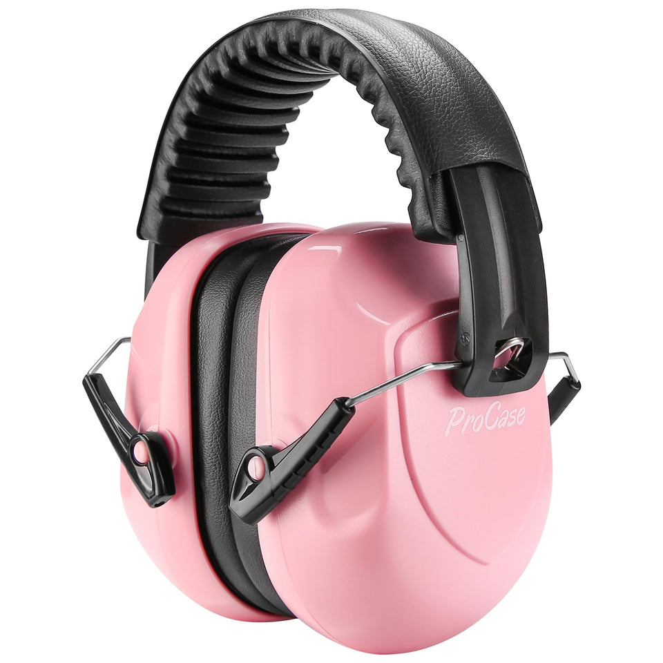 ProCase pink noise reduction ear muffs front view showing sturdy build and pink color for versatile use