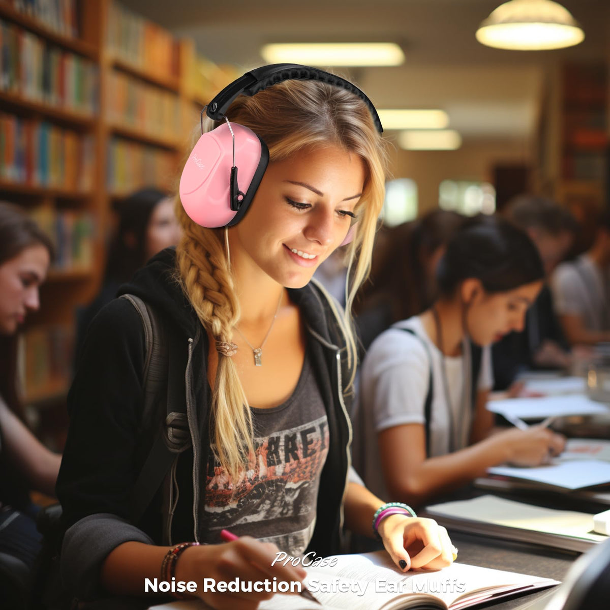 ProCase pink ear muffs in action at a construction site for noise protection
