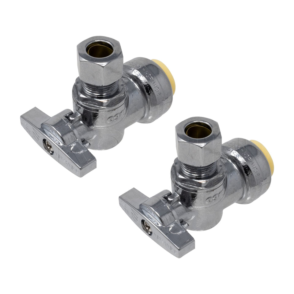 PROCURU pushfit angle stop valve two-pack with 1/2in nominal inlet for tool-free installation.