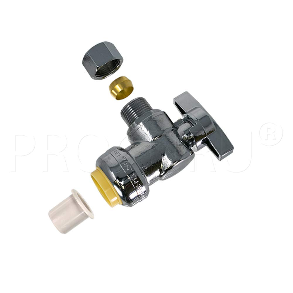 PROCURU PushFit inlet one-half-inch connection ready for copper, PEX, or CPVC piping.