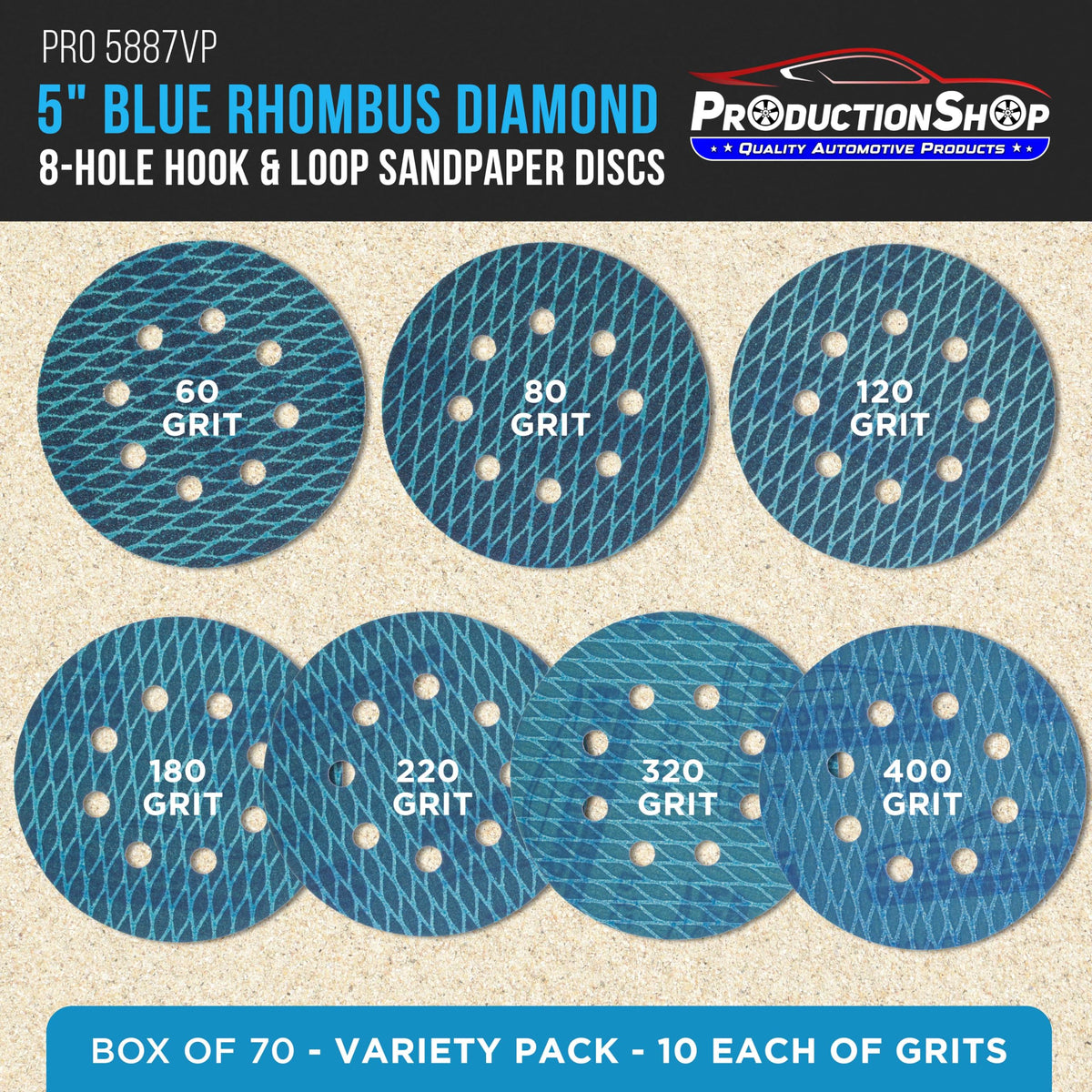 ProductionShop 8-hole hook-and-loop blue disc improves dust extraction during sanding.