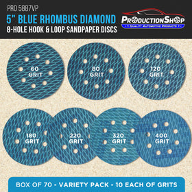 ProductionShop 8-hole hook-and-loop blue disc improves dust extraction during sanding.