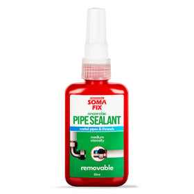 Professional Soma Fix pipe thread sealant bottle ready for leak prevention application.