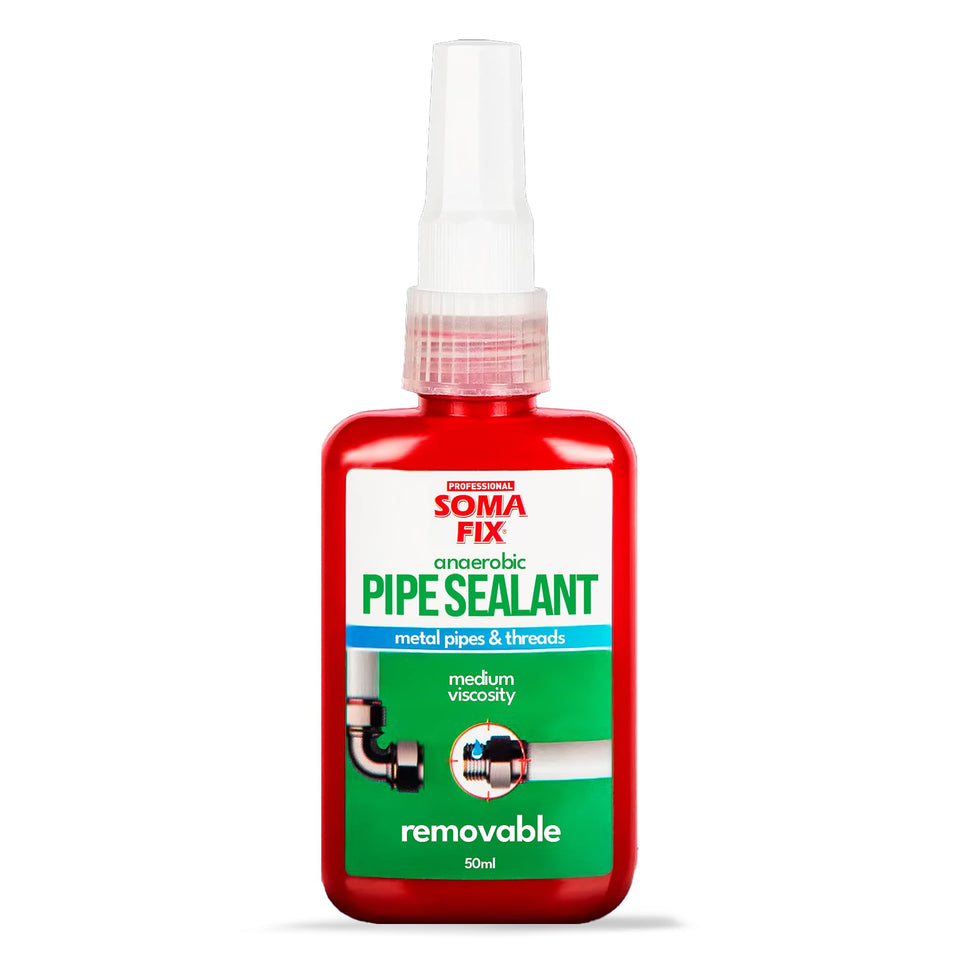 Professional Soma Fix pipe thread sealant bottle ready for leak prevention application.
