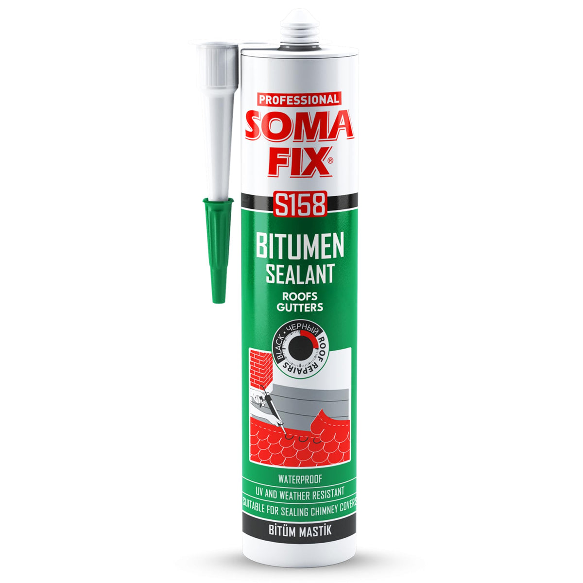 Professional Soma Fix roof sealant bottle for durable waterproof sealing on roofs.
