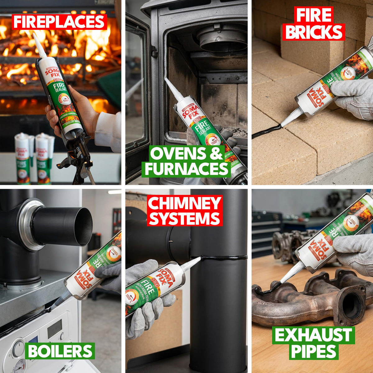 Professional Soma Fix cement sealing a fireplace joint for heat durability.