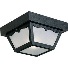 Progress Lighting flush-mount outdoor black fixture with scalloped edge enhances curb appeal on a covered porch.