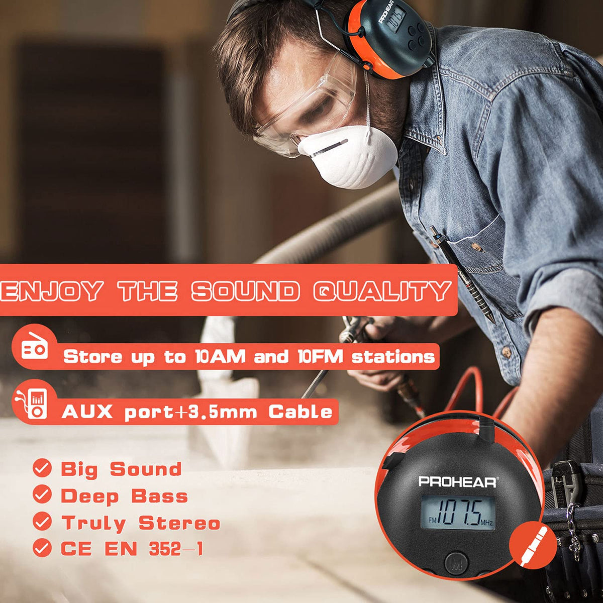 PROHEAR 027 ear protection with 25 dB NRR reduces noise exposure.