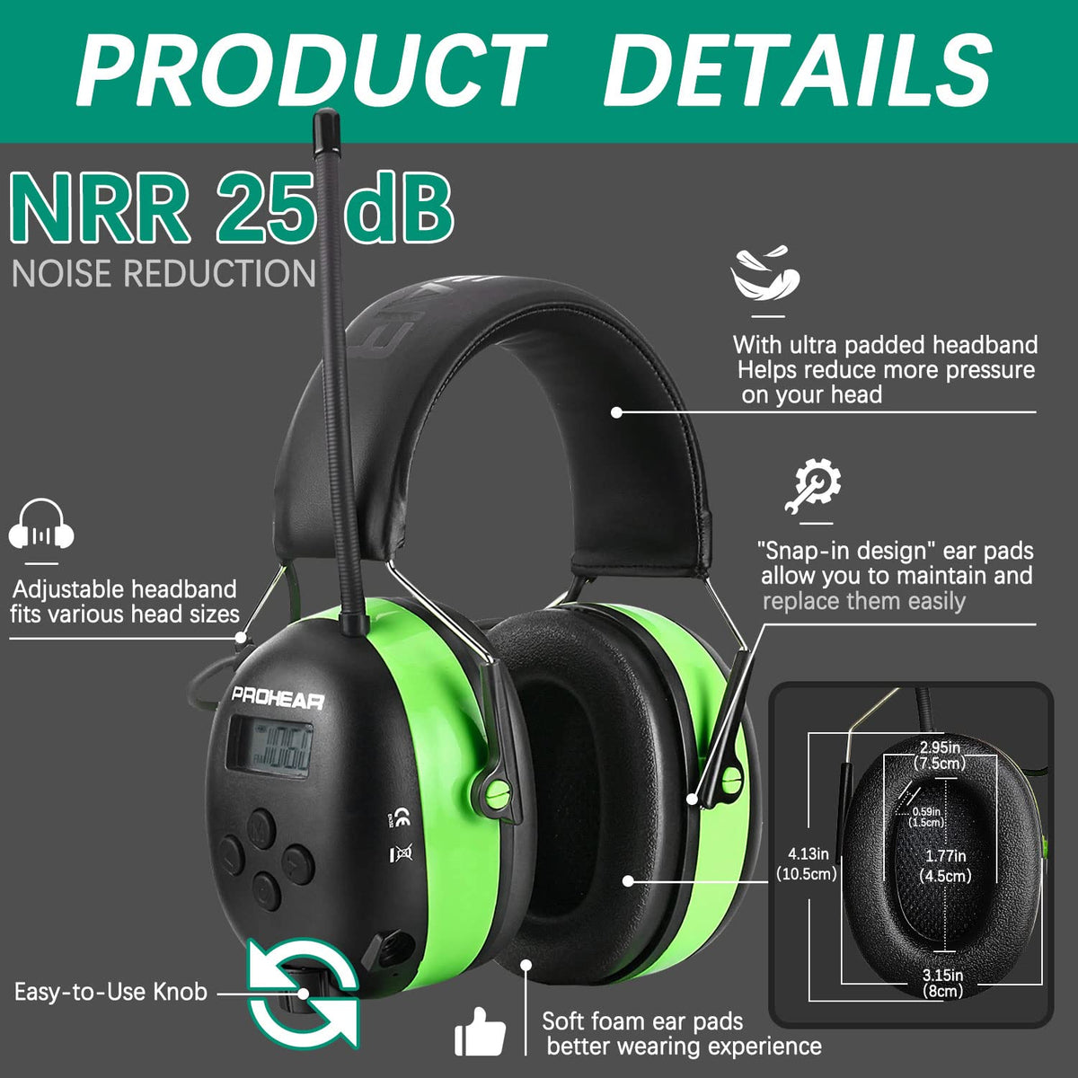 PROHEAR 033 adjustable headband and cushioned ears for extended comfort.
