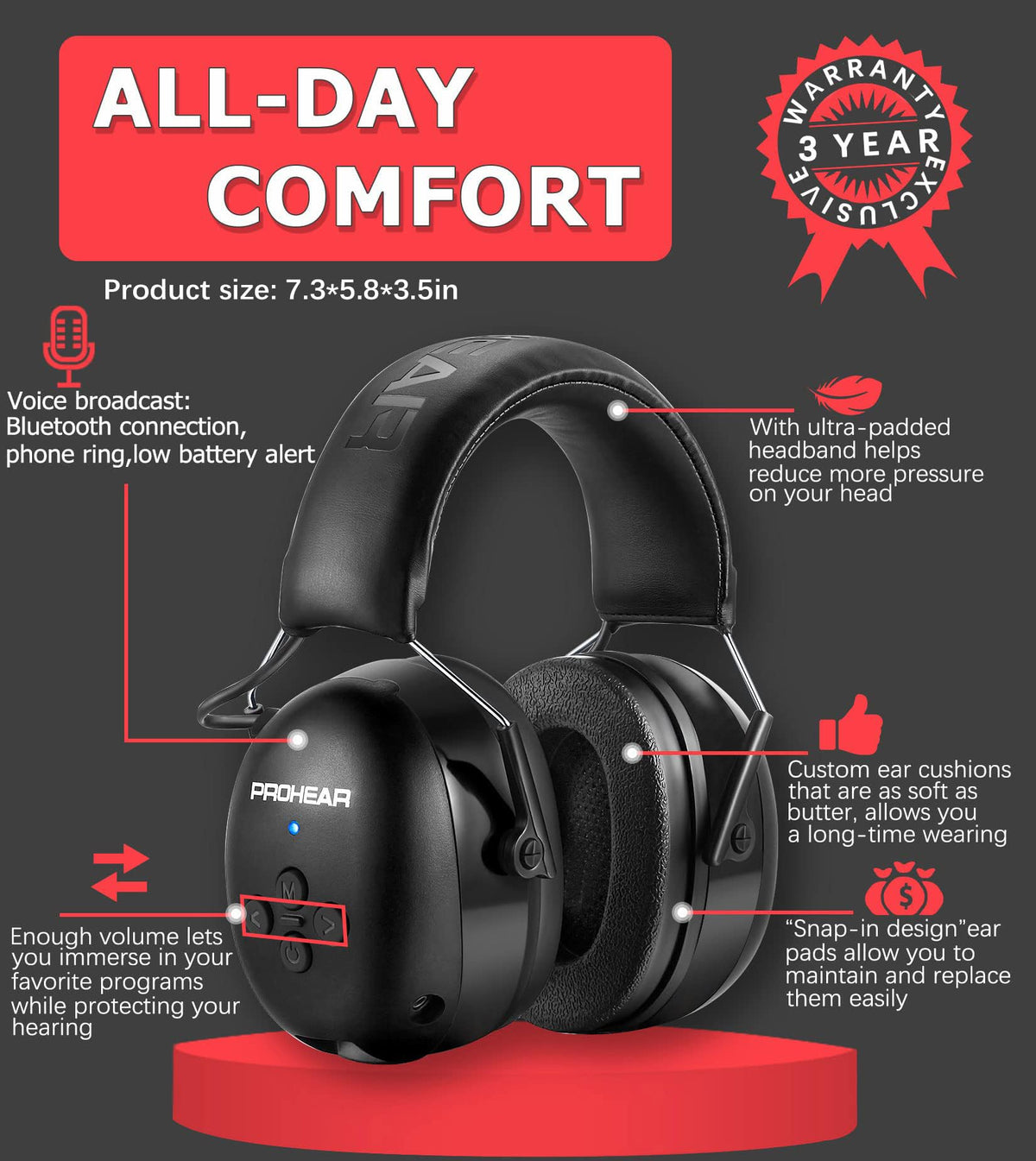PROHEAR 037 soft breathable ear pads for all-day comfort