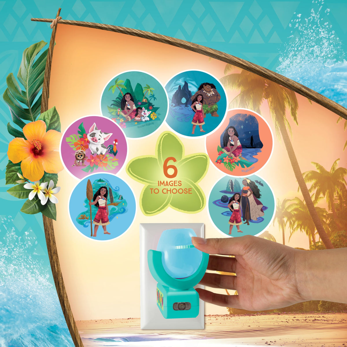 Projectables Moana night light automatically turns on at dusk and off at dawn.