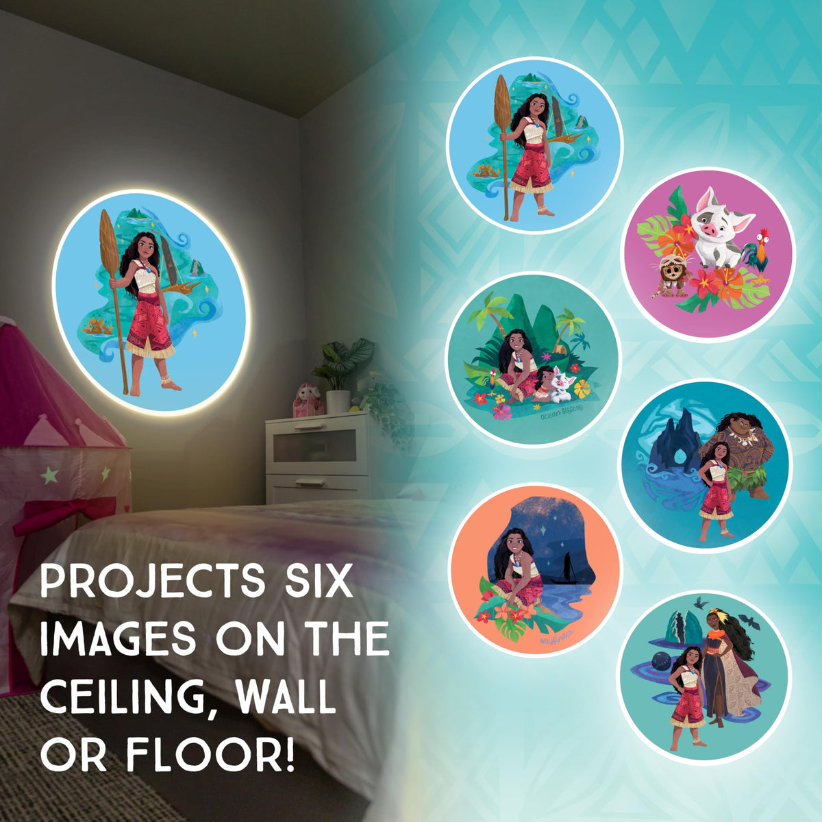 Projectables Moana night light projects HeiHei artwork on wall for cozy bedtime stories.