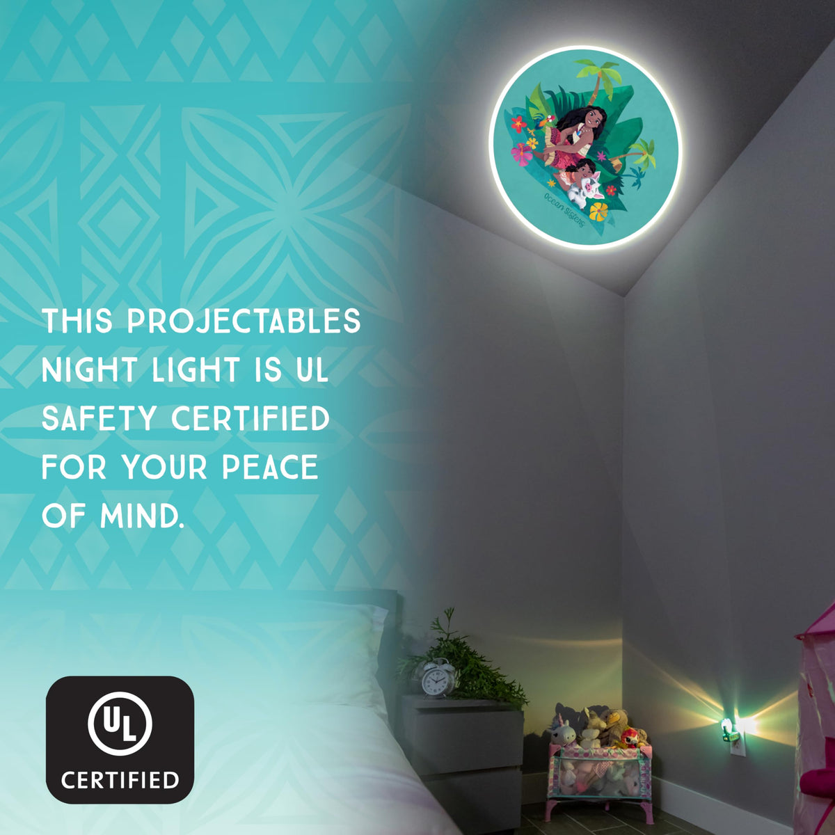 Projectables Moana night light base glows softly to guide kids during bedtime routines.
