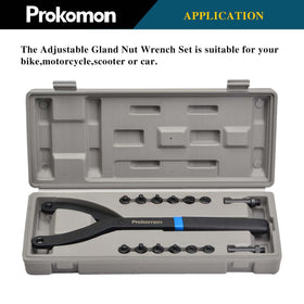Prokomon adjustable pin wrench covering a broad range of sizes for quick fits.