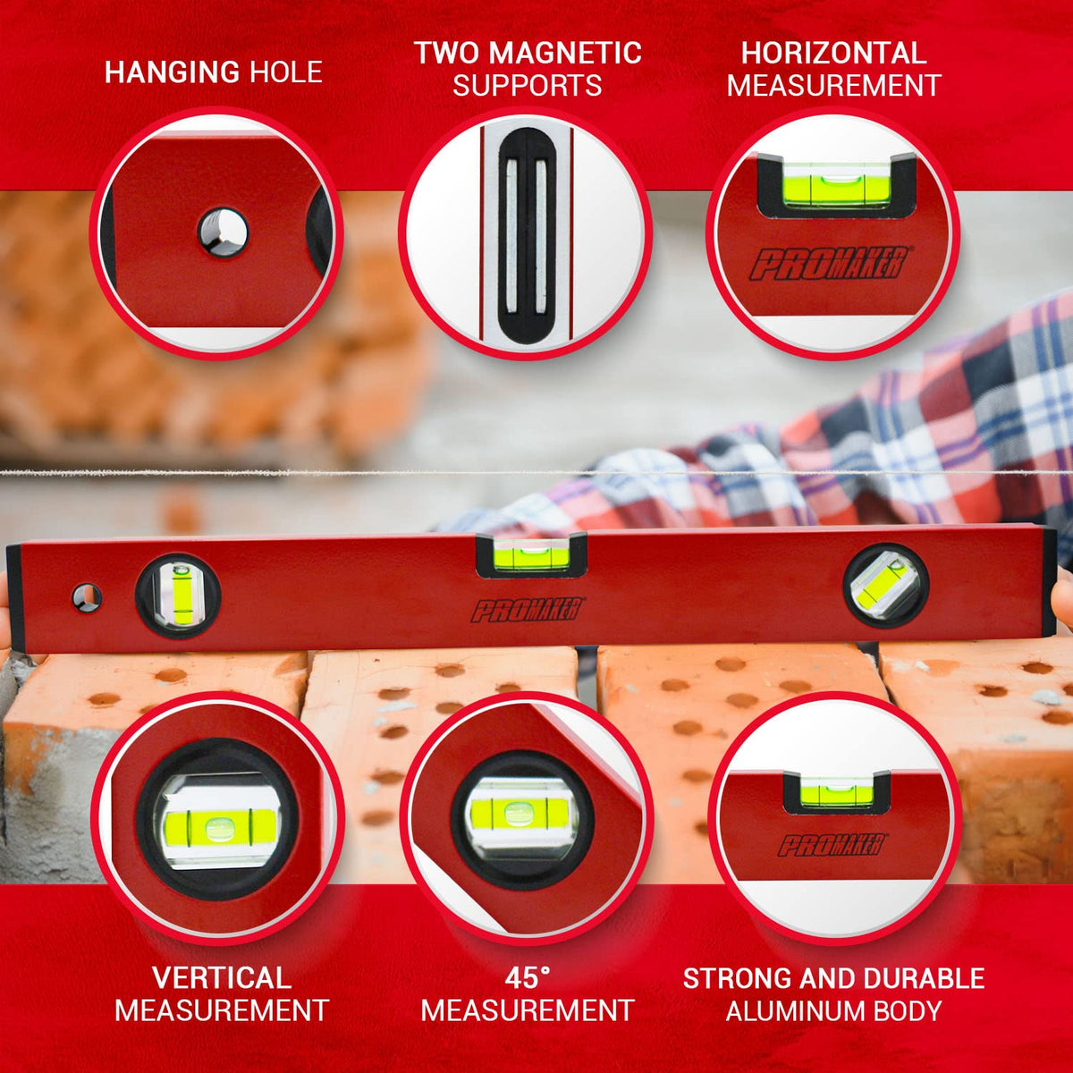 Promaker level with magnetic supports for secure metal surface use