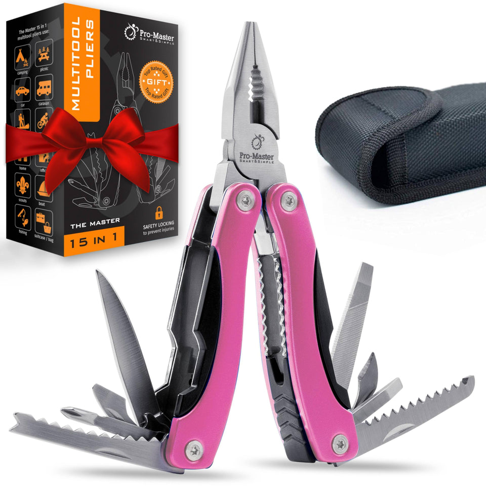 PRO-MASTER SMART & SIMPLE pink 15-in-1 multitool closed for portable DIY and quick fixes