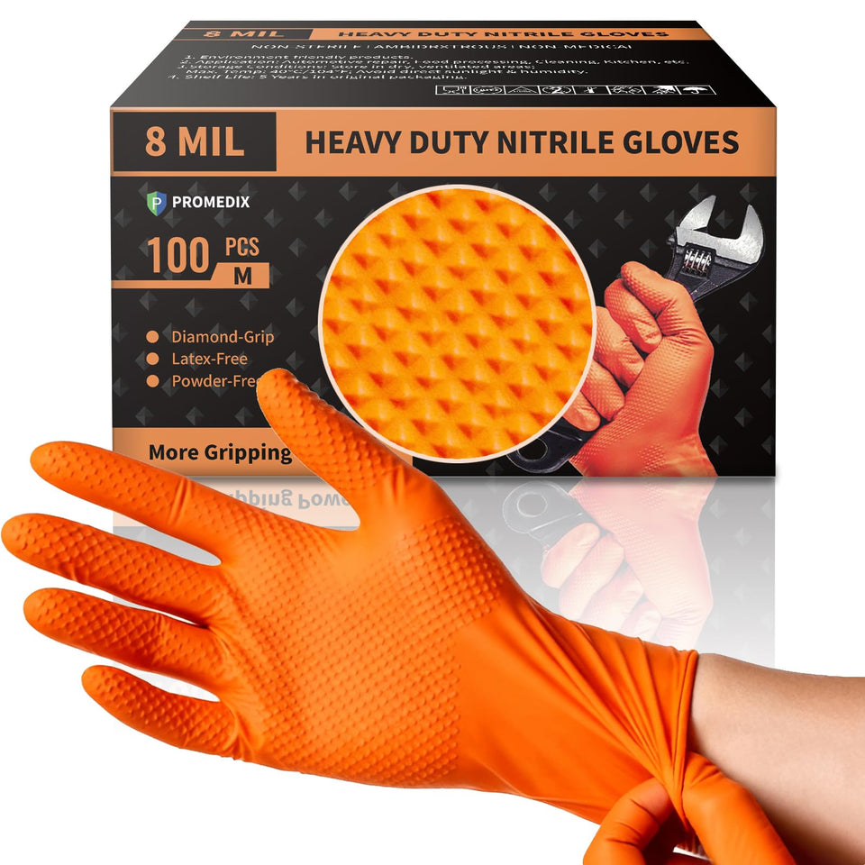 PROMEDIX P heavy-duty nitrile gloves with diamond texture for secure grip in wet conditions.