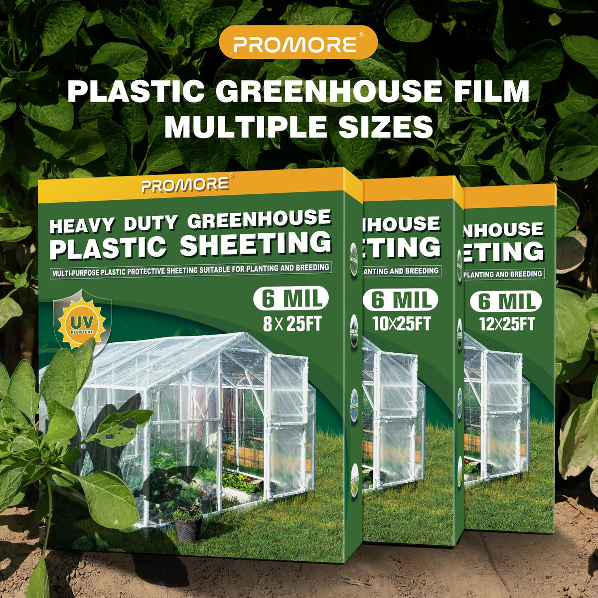 PROMORE heavy-duty plastic sheeting for outdoor protection against wind and rain.