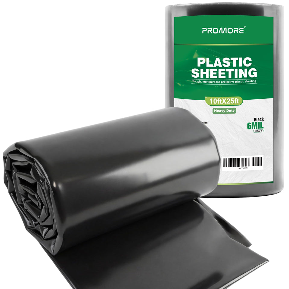 PROMORE black 6mil plastic sheeting roll for versatile indoor and outdoor protection.