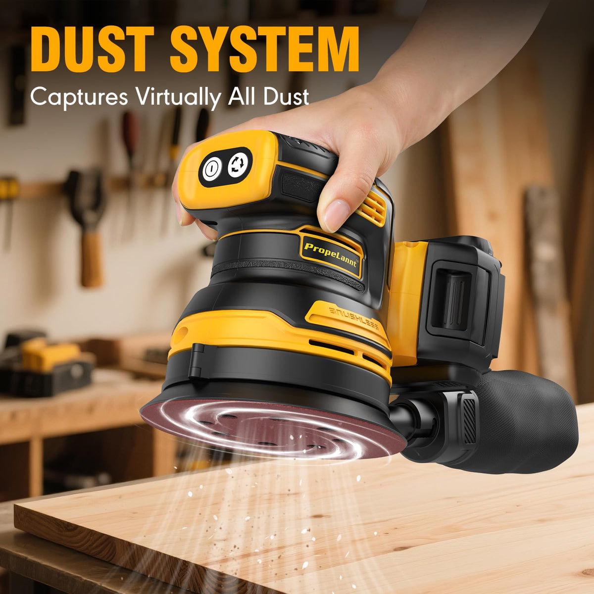 PropeLannt cordless sander showcasing dust collection for a cleaner workspace