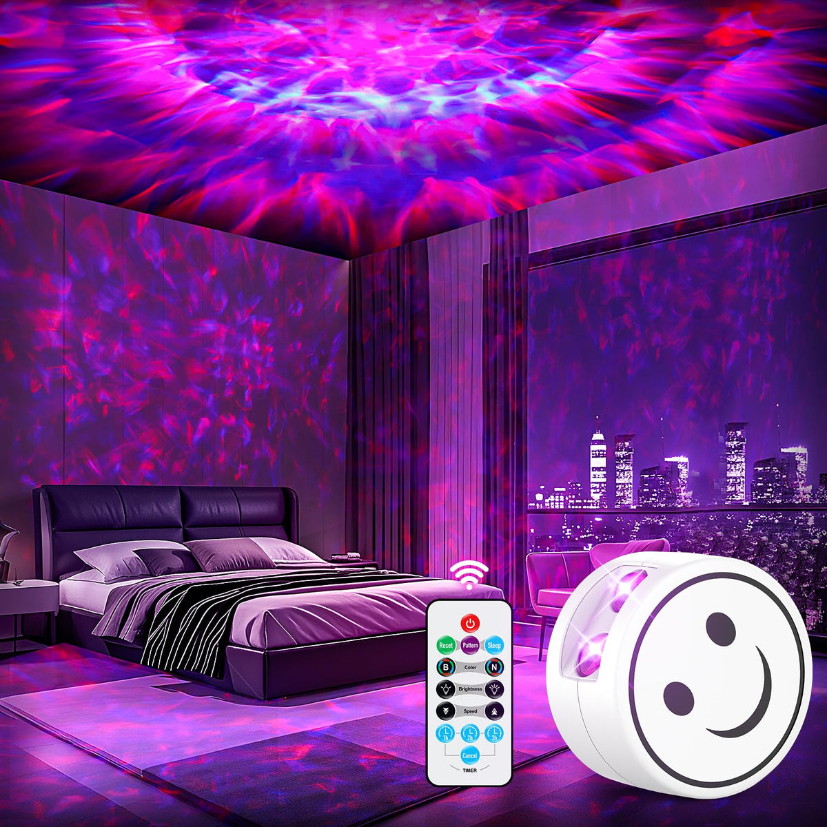 Proran Galaxy Projector displaying nebula modes on ceiling for immersive relaxation