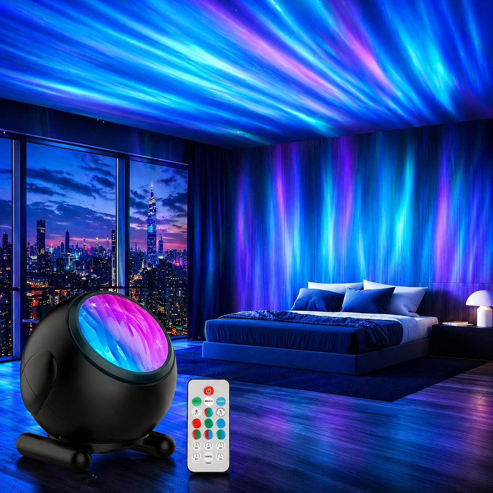 Proran Northern Lights Projector fills walls with tranquil, colorful aurora display for a cozy room