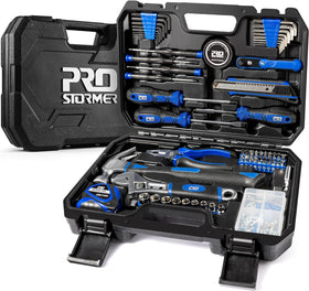 Prostormer 160-piece tool set in blue toolbox, quick home repairs.