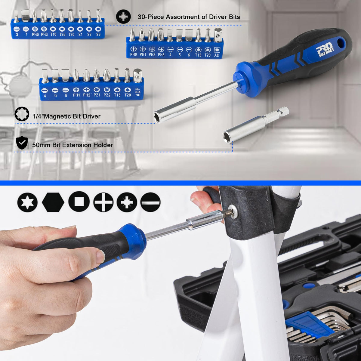Sockets and bits expand project options for varied bolts.