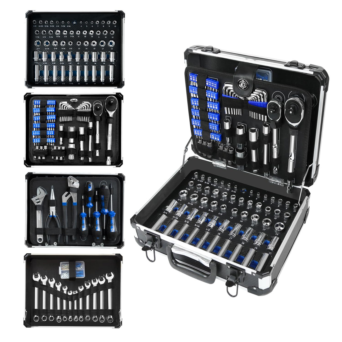 Prostormer 240-piece tool set in aluminum toolbox for organized transport.